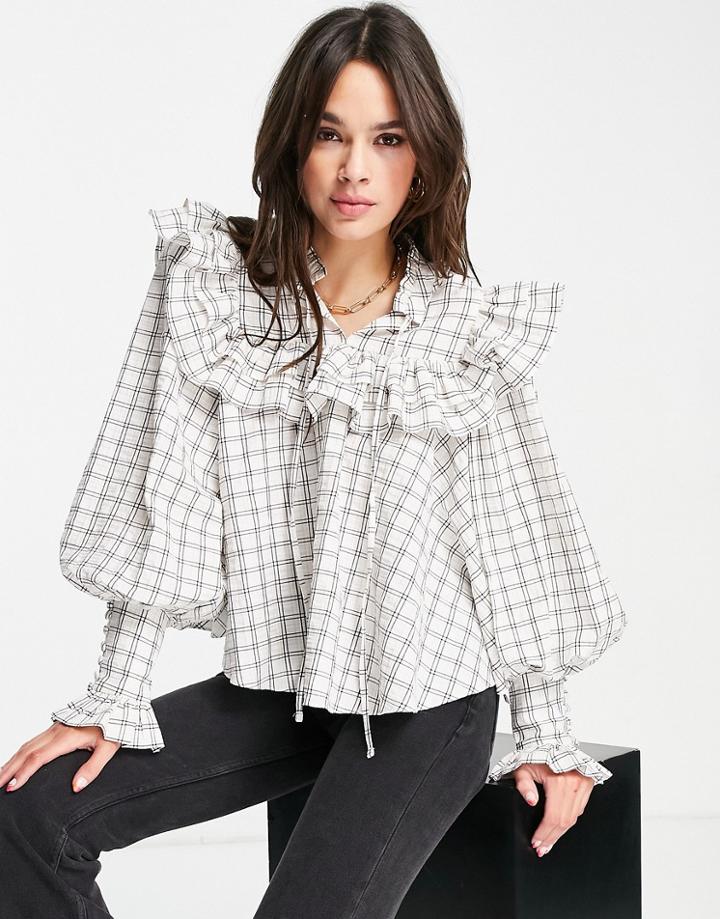 Asos Edition High Neck Ruffle Yoke Blouse In Check Print-multi