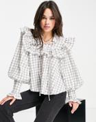 Asos Edition High Neck Ruffle Yoke Blouse In Check Print-multi