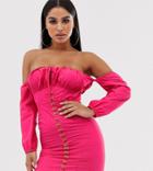Club L London Petite Off Shoulder Mini Dress With Milkmaid Neck And Metal Hook Detail In Raspberry-pink
