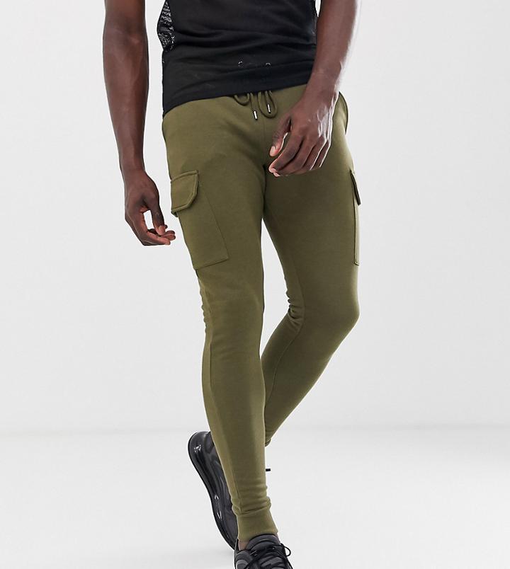 Asos Design Tall Skinny Sweatpants With Cargo Pocket In Dark Olive-green