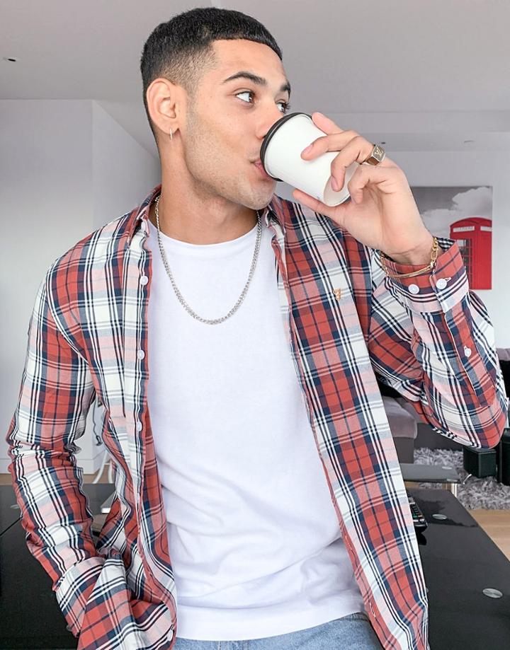 Farah Brewer Tartan Slim Long Sleeve Shirt-brown