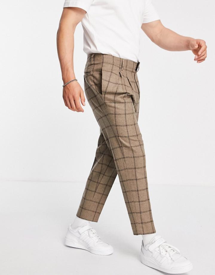 Asos Design Tapered Cropped Wool Mix Smart Pants In Camel Check-neutral