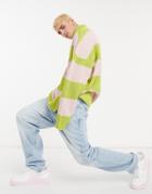 Asos Design Oversized Funnel Neck Fisherman Rib Sweater In Pink And Lime Stripes