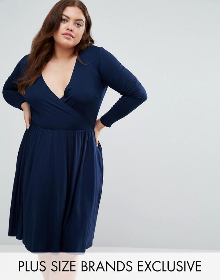 Club L Plus Long Sleeve Wrap Front Skater Dress - Navy