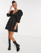 In The Style X Lorna Luxe Mini Smock Dress With Exaggerated Sleeves In Black