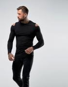 Asos Longline Muscle Long Sleeve T-shirt With Sleeve Cut Out In Black - Black