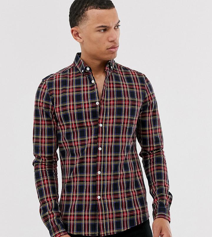 Asos Design Tall Skinny Check Shirt In Black Plaid