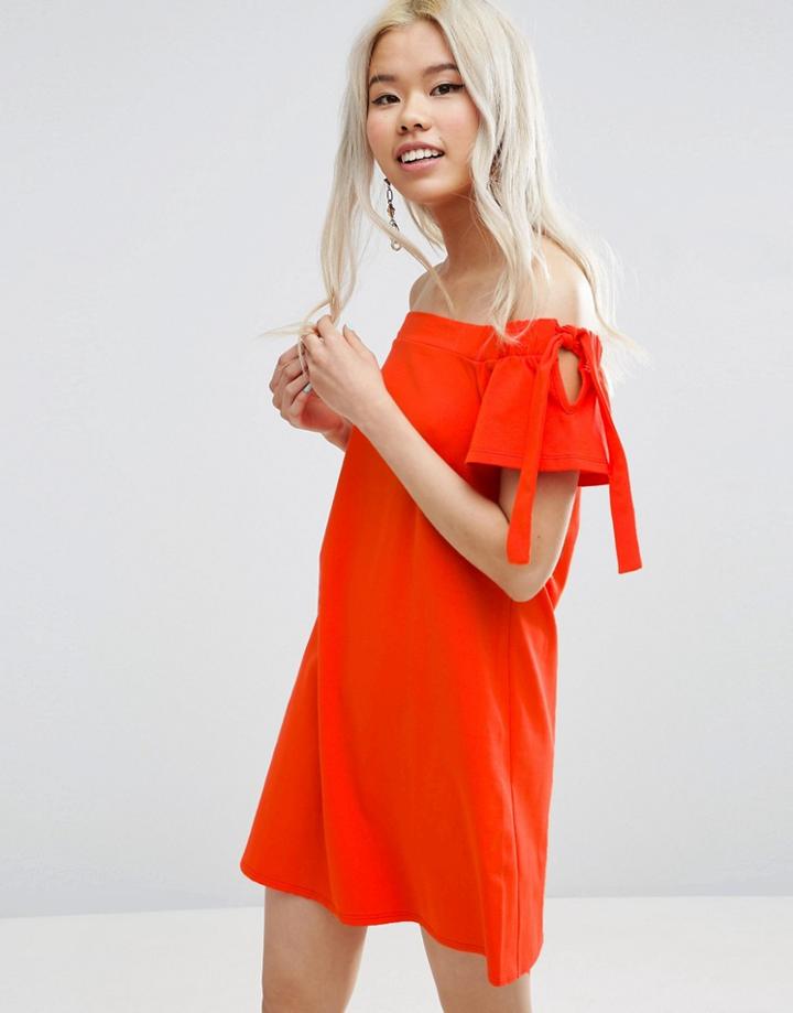 Asos Off Shoulder Dress With Tie Sleeve Detail - Orange