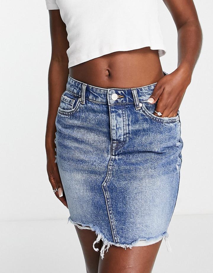 Only Denim Mini Skirt With Raw Hem In Medium Wash-blue