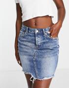 Only Denim Mini Skirt With Raw Hem In Medium Wash-blue