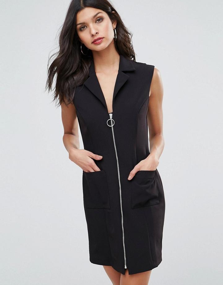 Asos Zip Up Mini Tux Dress With Pocket Detail - Black