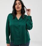Asos Design Curve Relaxed Satin Long Sleeve Shirt - Green