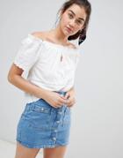 Pull & Bear Off The Shoulder Broiderie Anglais Top In White - White