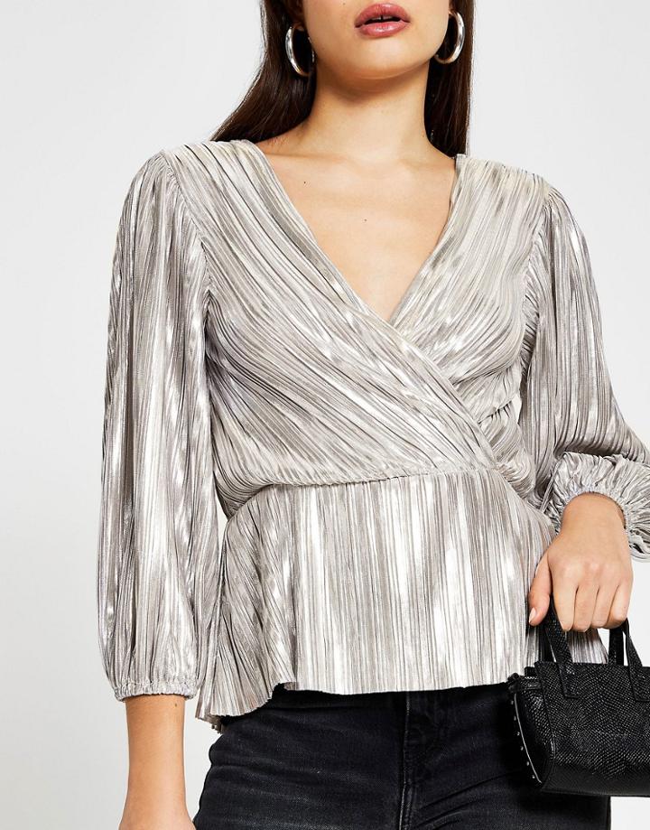 River Island Metallic Plisse Wrap Top In Silver