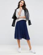 Asos Pleated Midi Skirt With Wrap Front Detail - Navy