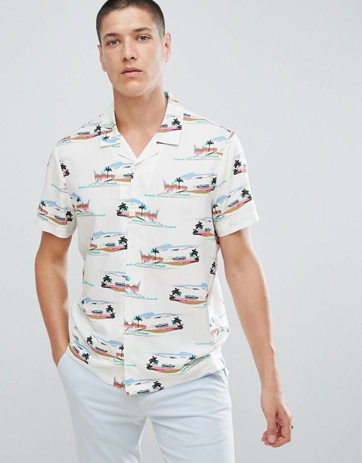 New Look Revere Collar Shirt With Beach Print In Ecru - Cream