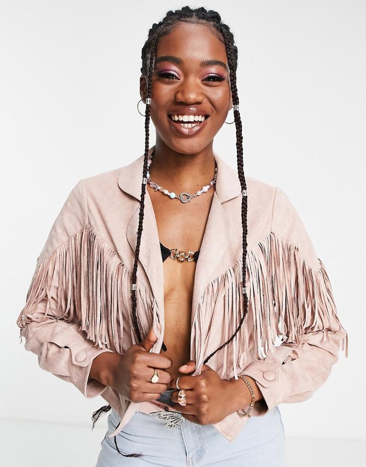 Miss Selfridge Suedette Fringe Biker Jacket In Soft Pink