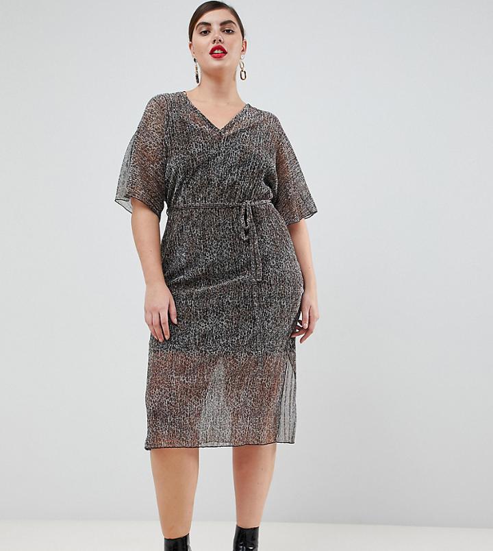 River Island Plus T-shirt Dress With Tie Waist In Metallic Animal Print Plisse - Multi