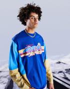 Asos Design Oversized Long Sleeve T-shirt In Blue And Green Color Block With Front Print-navy