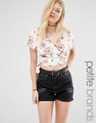 New Look Petite Floral Wrap Crop Top - White