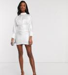 Club L London Tall High Neck Ruched Long Sleeve Mini Dress In White