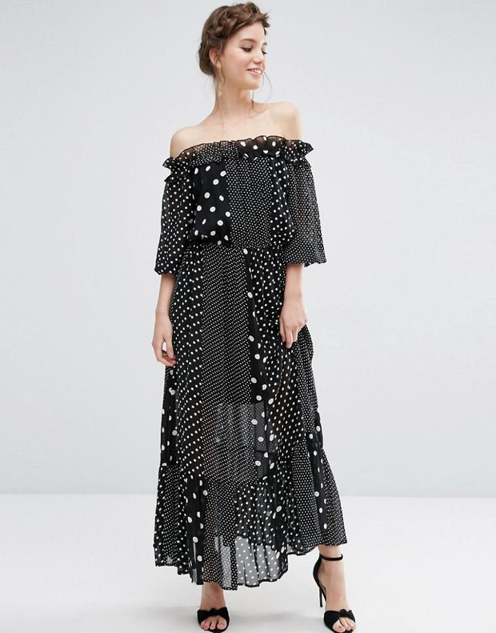 Asos Off Shoulder Maxi Dress In Polka Dot - Multi