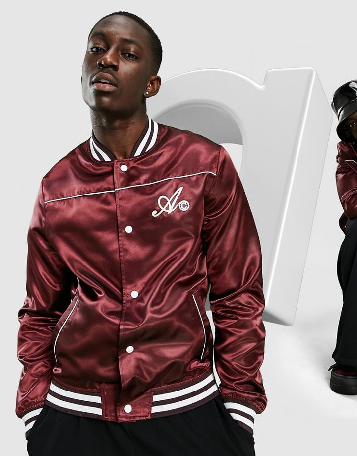 Asos Design Varsity Jacket In Burgundy With Branding-red