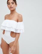 Lipsy Cut Out Swimsuit With Ruffles - White