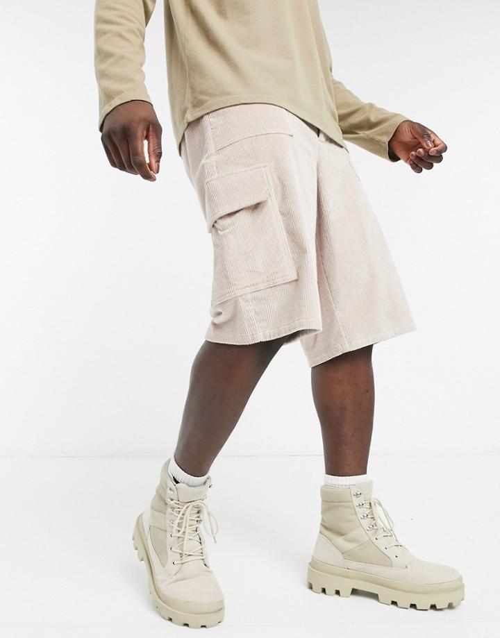 Asos Design Corduroy Cargo Shorts In Longer Length In Stone-neutral