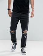 Rollas Stubs Rolled Jeans Black & White Stone Wash Busted Knees - Black