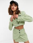 Bershka Cropped Blazer In Khaki - Part Of A Set-green