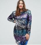 Tfnc Plus Long Sleeve Sequin Mini Dress In Multi Sequin With Shoulder Pads - Multi