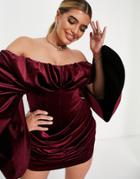 Asos Design Bonded Velvet Extreme Drape Sleeve Dress In Burgundy-red
