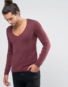 Asos Muscle Fit Sweater With Deep V Neck - Red