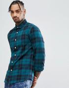 Asos Stretch Slim Poplin Check Shirt In Teal - Green