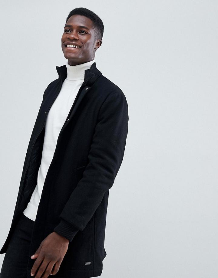 Esprit Ribbed Funnel Neck Wool Coat - Black