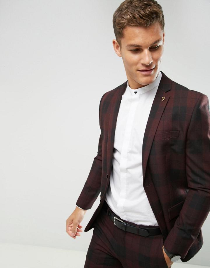 Farah Skinny Suit Jacket In Check - Red