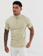 Asos Design Knitted Rib Half Zip T-shirt In Oatmeal - Beige