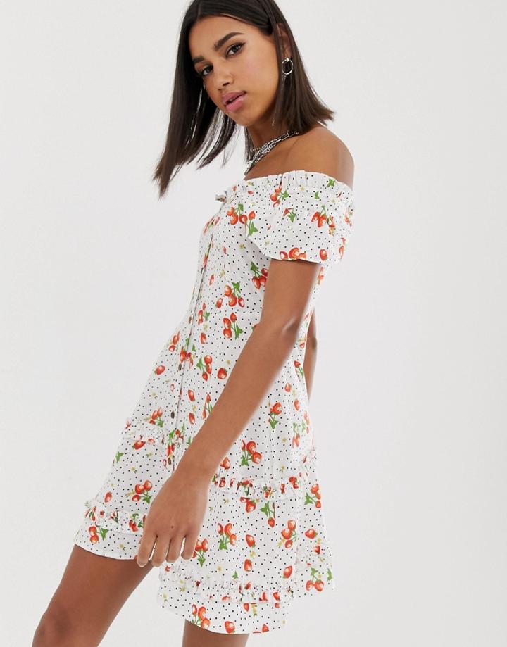 Sacred Hawk Vintage Tea Dress In Strawberry Print-white