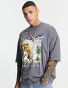 Asos Design Oversized T-shirt In Washed Gray Cotton Blend With Vintage Eagle Print - Charcoal-grey