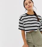 Asos Design Petite Super Crop T-shirt With Raw Edge In Stripe - Black