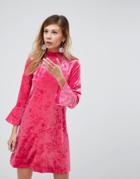 Monki High Neck Velvet Dress - Pink
