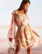 Asos Design Fallen Shoulder Tiered Flippy Mini Skater Dress With Lace Insert In Soft Floral Print-multi