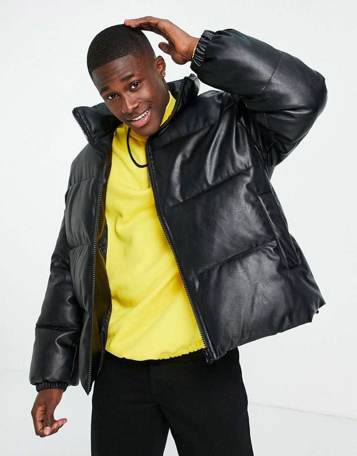 Topman Faux Leather Puffer Jacket In Black