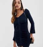 Parallel Lines Knitted Bardot Dress With Ruched Front - Navy