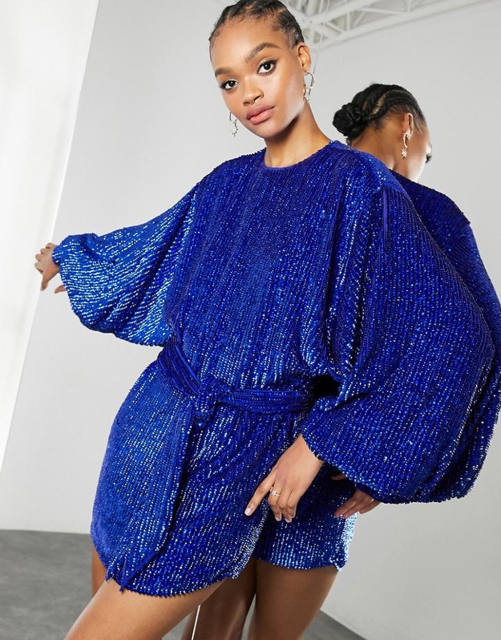 Asos Edition Oversized Blouson Sleeve Mini Dress In Royal Blue Sequin-blues