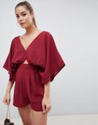 Asos Design Romper With Kimono Sleeve And Cut Out - Red