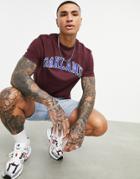 Asos Design T-shirt In Burgundy Organic Cotton With Oakland Collegiate Print-red