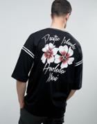Asos Oversized T-shirt With Hibiscus Back Print And Contrast Binding - Black