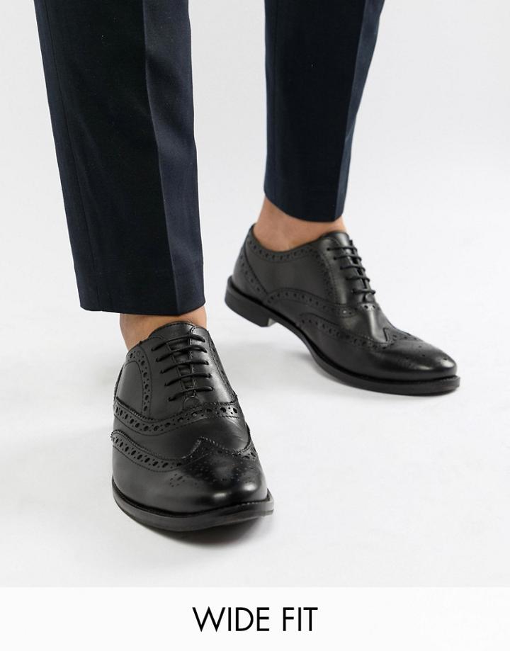 Asos Design Wide Fit Brogue Shoes In Black Leather